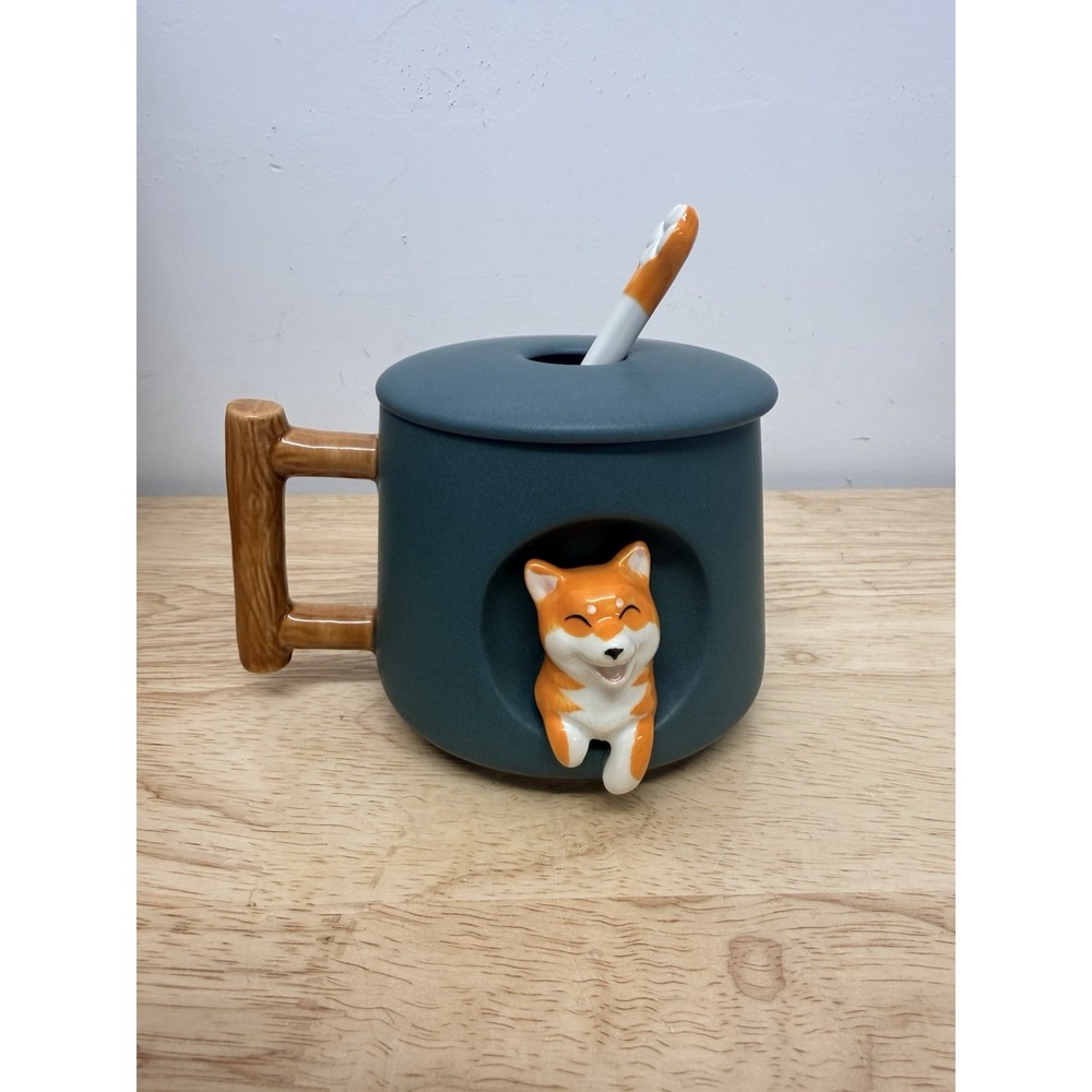 Ceramic Shiba Inu Mug with Lid Spoon Cute Dog Coffee Cup 420ml #25